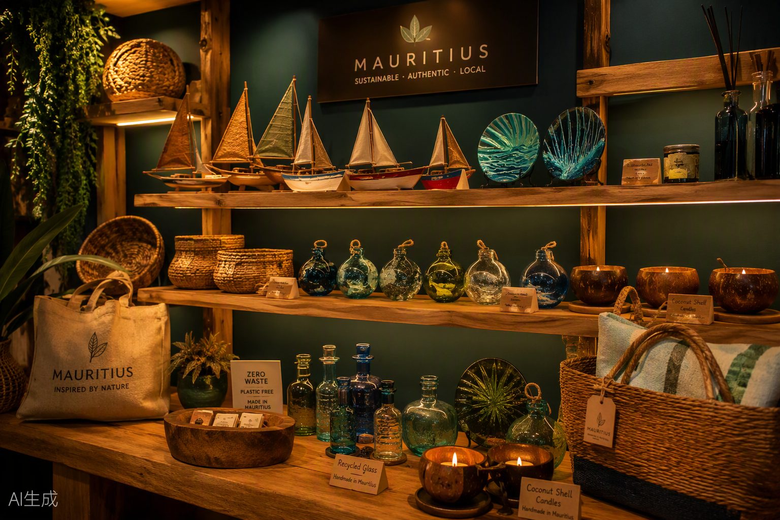 Boutique display of eco-friendly Mauritian souvenirs